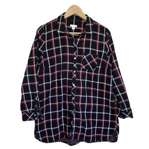 J. Jill Shirt Women Petite Medium Red Plaid 2 Ply Cotton Relaxed Cabin Core Fall